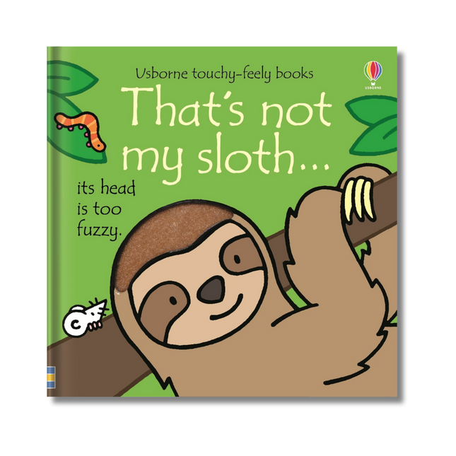 Book cover of 'That's not my sloth' with a cartoon sloth and text on a green background