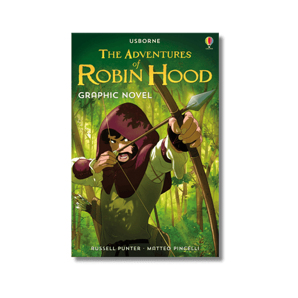 ilustratie usborne cu Robin Hood tragand cu arcul in padure