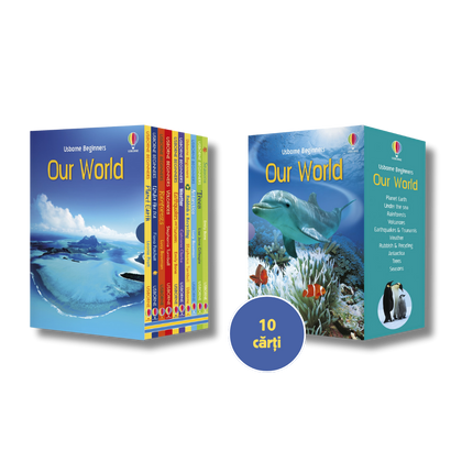 Set of 'Our World' books with colorful covers on a white background
