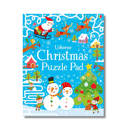 Usborne Christmas Puzzle Pad with festive illustrations on a blue background