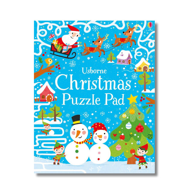 Usborne Christmas Puzzle Pad with festive illustrations on a blue background