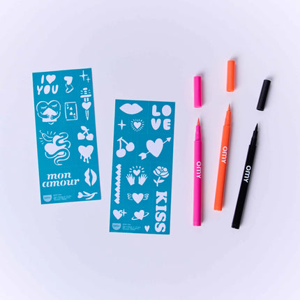 continut pachet kit tatuaje temporare OMY - tattoo art - I Love You - miniLama