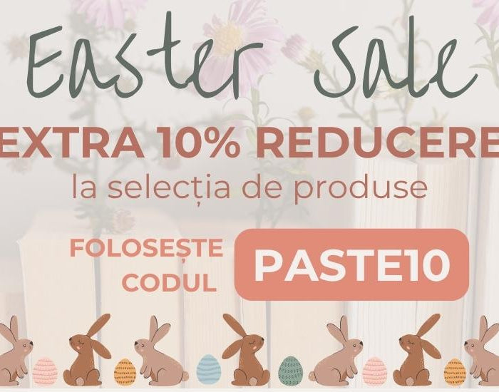 banner cu iepurasi si oua de paste pe un fundal pastelat