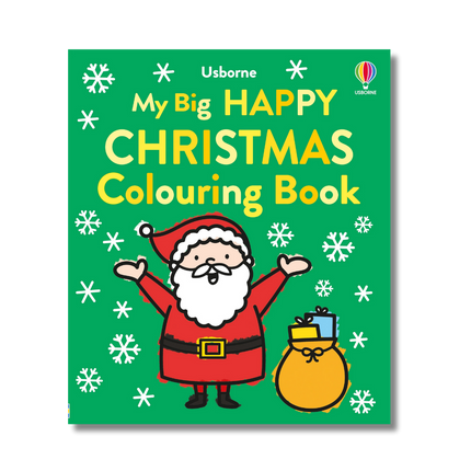 Children's coloring book titled 'My Big Happy Christmas Coloring Book' with Santa Claus on a green background.