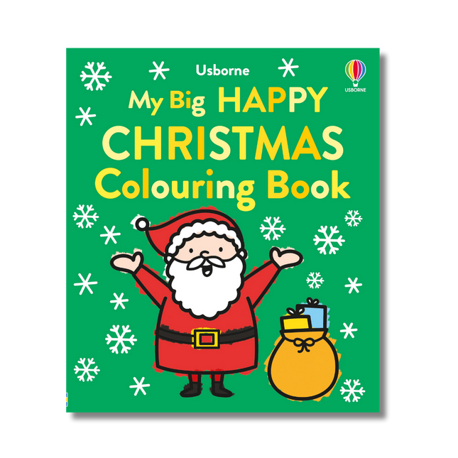 Children's coloring book titled 'My Big Happy Christmas Coloring Book' with Santa Claus on a green background.