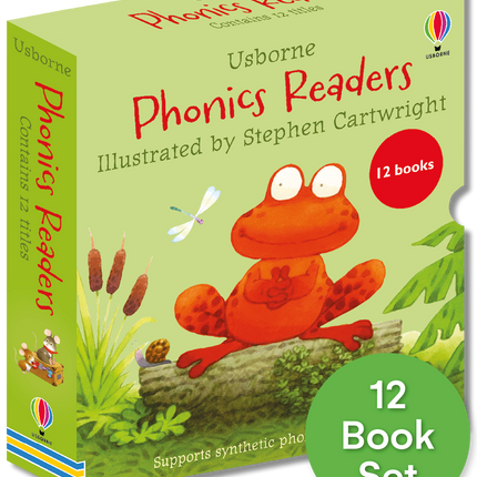 Box set of Usborne Phonics Readers with a frog illustration on a green background