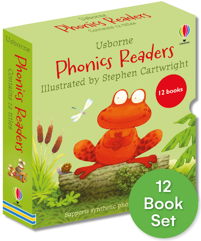 Box set of Usborne Phonics Readers with a frog illustration on a green background