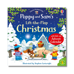 Book cover of 'Poppy and Sam's Lift-the-Flap Christmas' with a snowy scene and Advent Calendar feature.
