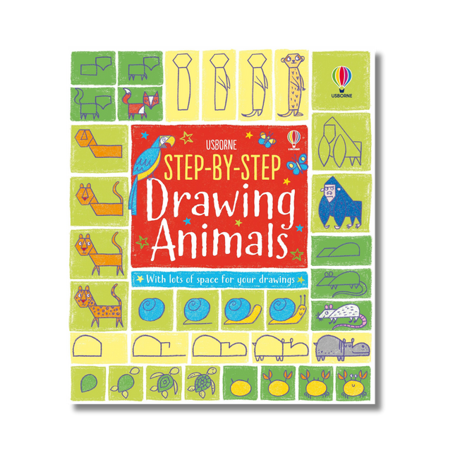 Book cover of 'Step-by-Step Drawing Animals' by Usborne with colorful illustrations on a white background.