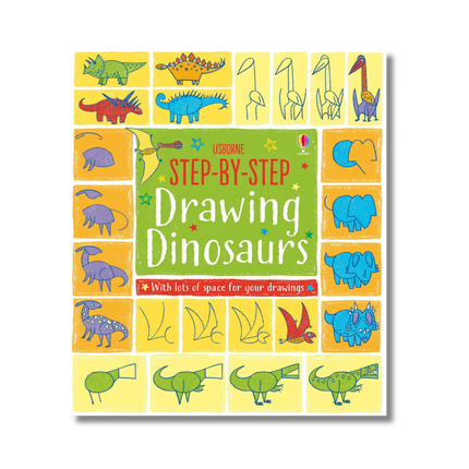 Book cover of 'Step-by-Step Drawing Dinosaurs' with colorful illustrations of dinosaurs and drawing guides.