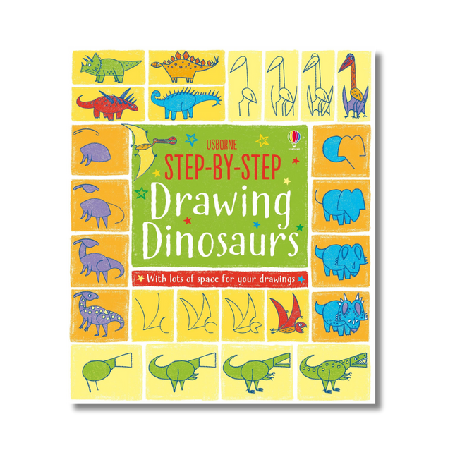 Book cover of 'Step-by-Step Drawing Dinosaurs' with colorful illustrations of dinosaurs and drawing guides.