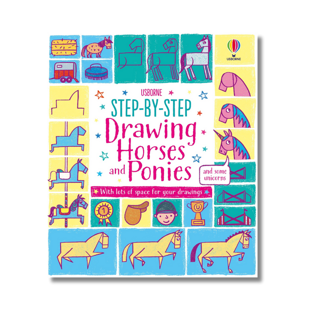 Book cover of 'Step-by-Step Drawing Horses and Ponies' by Usborne on a white background