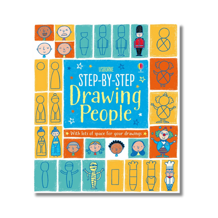 Book cover of 'Step-by-Step Drawing People' by Usborne with colorful illustrations on a white background.