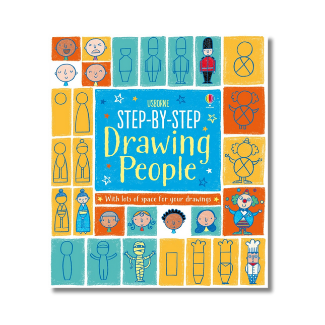 Book cover of 'Step-by-Step Drawing People' by Usborne with colorful illustrations on a white background.