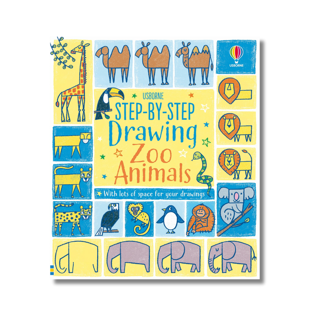 Book cover of 'Step-by-Step Drawing Zoo Animals' by Usborne on a white background