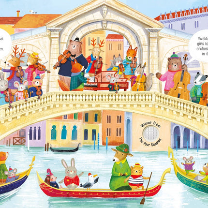 Pagină din carte cu animale și instrumente muzicale Vivaldi