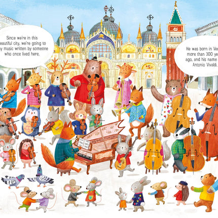 Scene narative și muzicale din The Animal Orchestra Plays Vivaldi Usborne