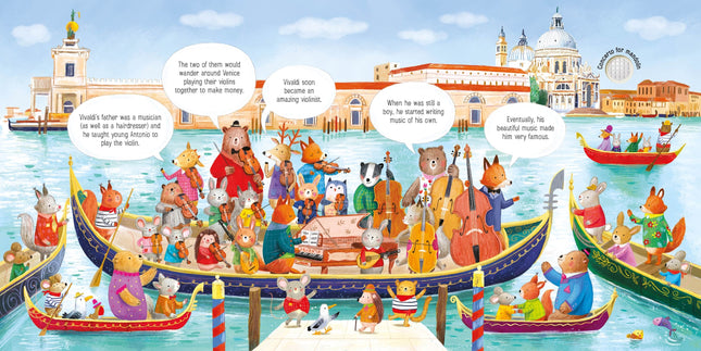 Ilustrație Usborne cu orchestra de animale interpretând muzică