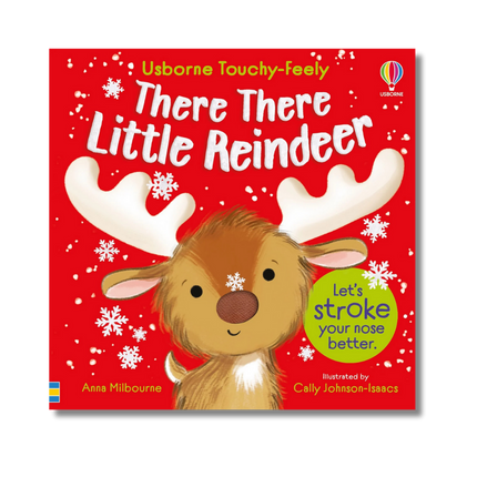 Book cover of 'There There Little Reindeer' with a reindeer illustration on a red background.