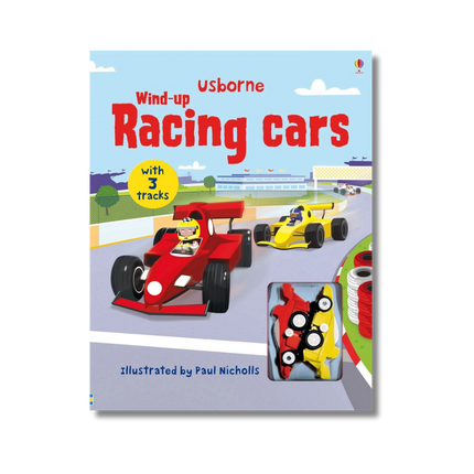 usborne wind up racing. - carte cu masinute de curse ilustrate pe circuit si jucarie