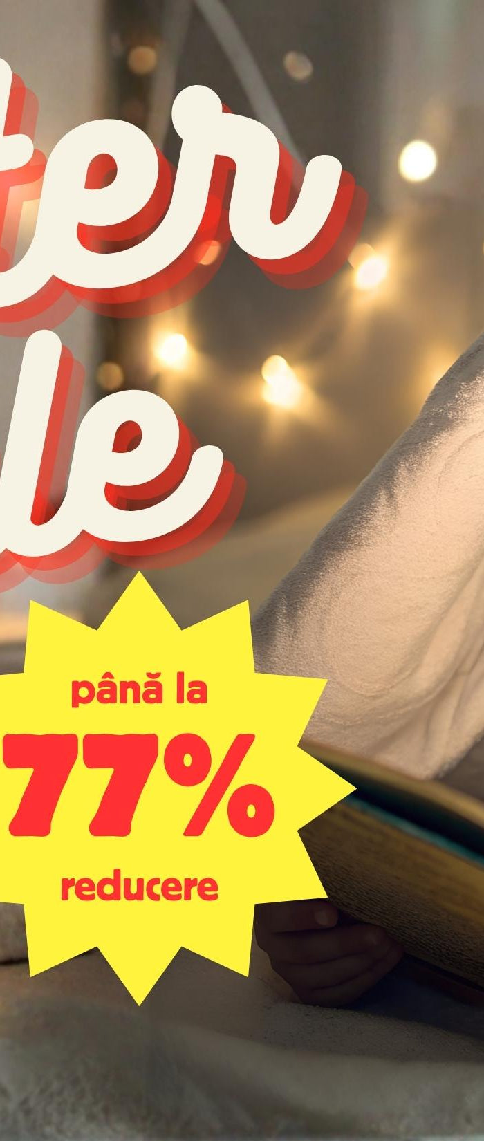 winter sale discount badge with a kid reading a book under the covers