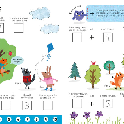 lustrație cu animăluțe prietenoase din Usborne Workbooks Adding 5-6