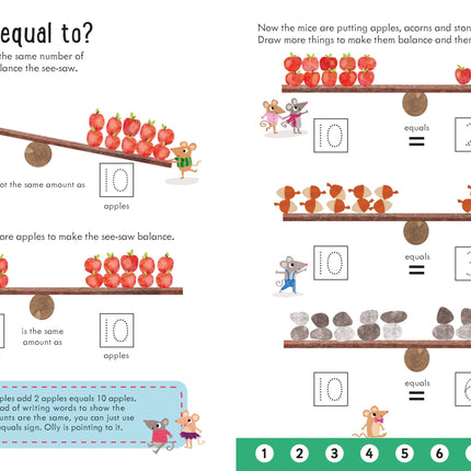 Pagini cu exerciții de adunare în Usborne Workbooks Adding 5-6