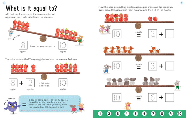 Pagini cu exerciții de adunare în Usborne Workbooks Adding 5-6