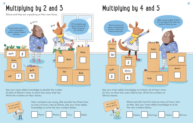 Pagini cu exerciții de înmulțire în Usborne Workbooks Multiplying 7-8